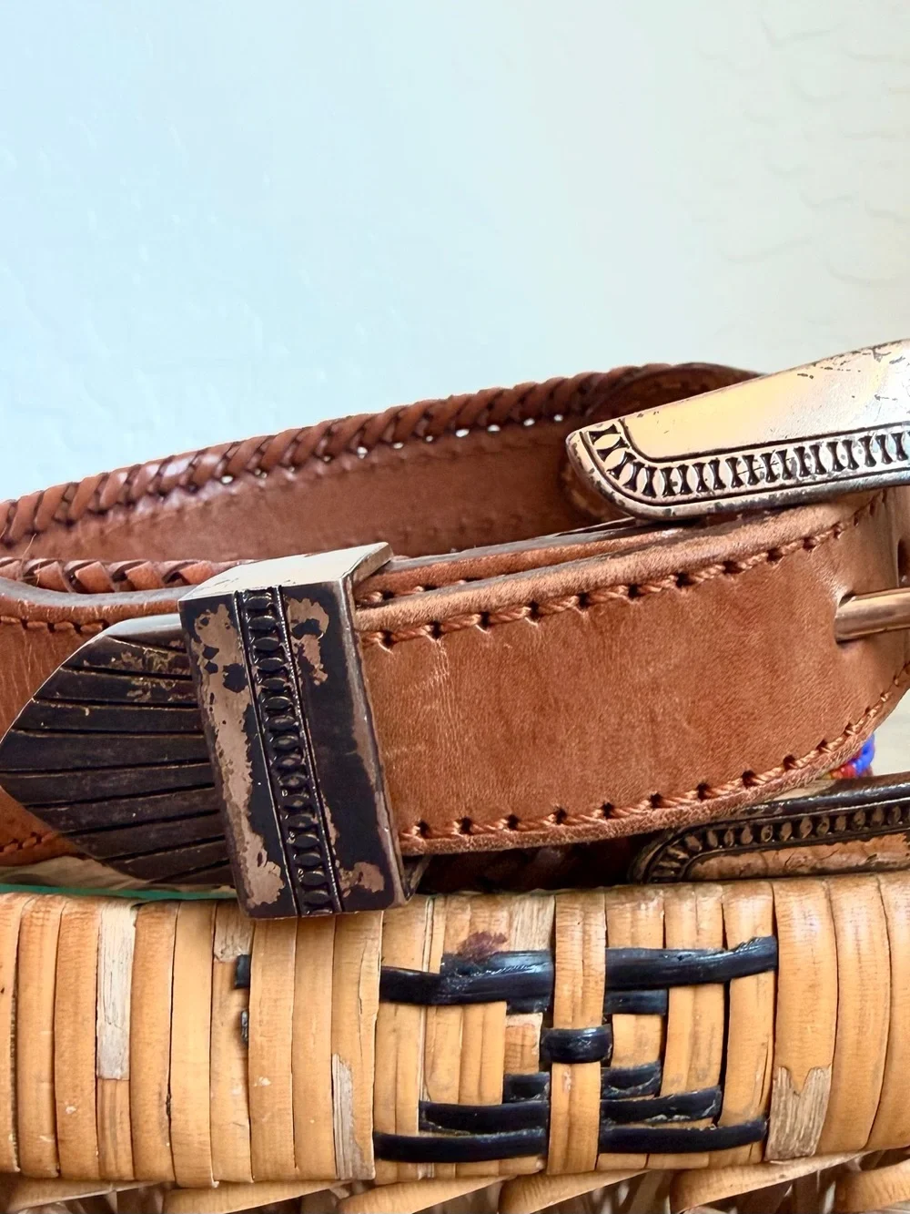 Handcrafted Brown Leather Belt with Multicolor Beaded Accent